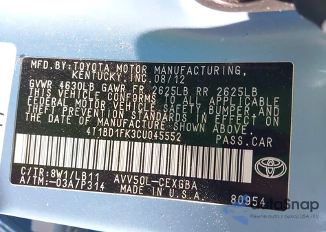 2012 Toyota Camry Hybrid Xle from USA, damaged, VIN 4T1BD1FK3CU045552